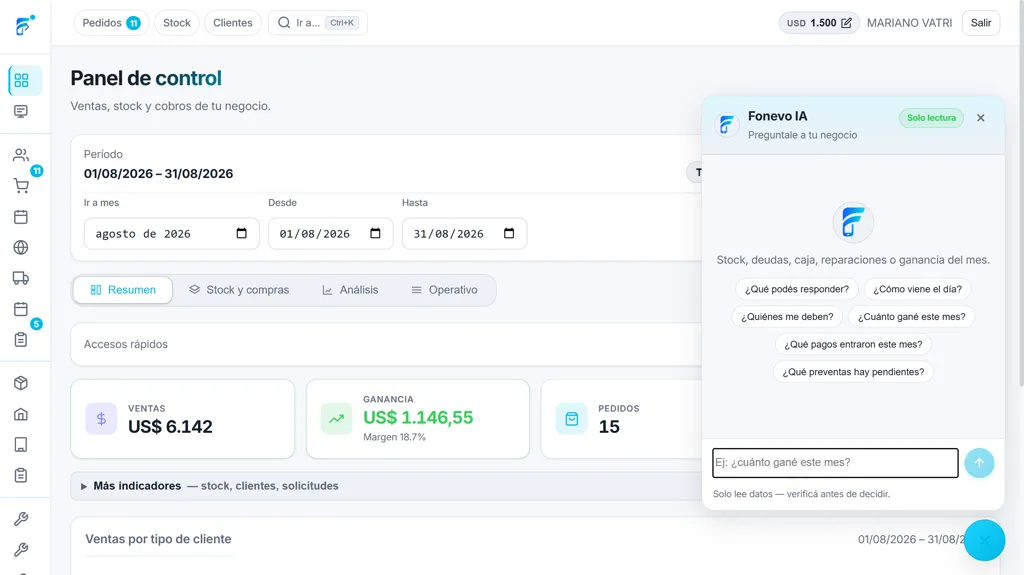 Chat del asistente con IA de Fonevo abierto sobre el panel de control
