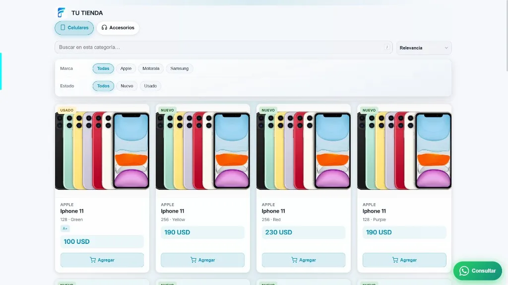 Catálogo online público de Fonevo con productos y pedido por WhatsApp