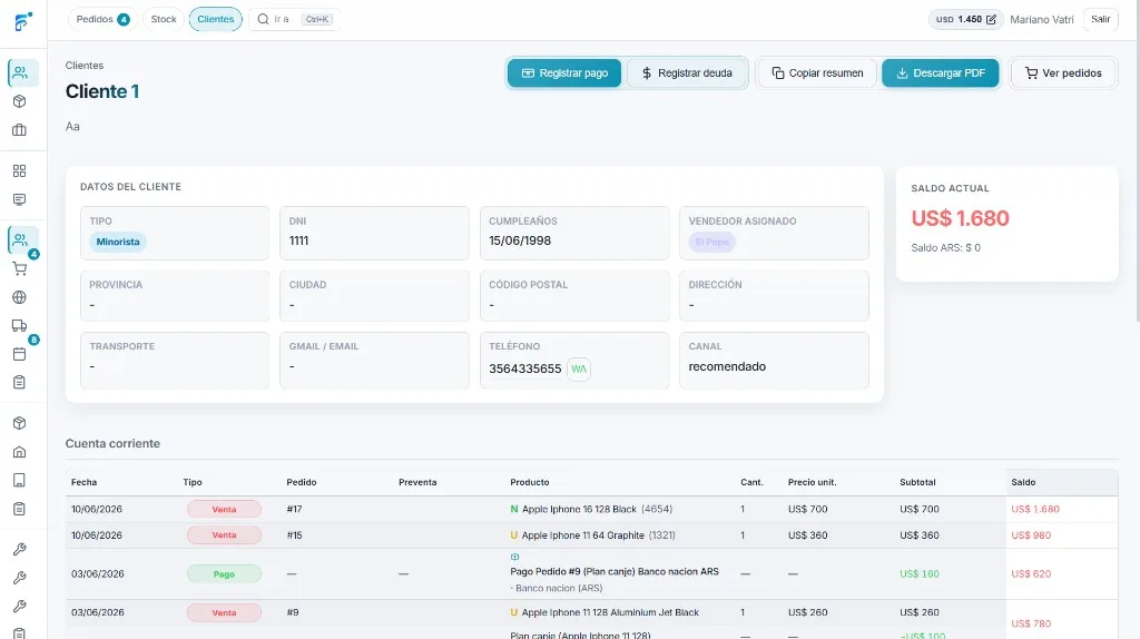 Detalle de cliente en Fonevo con saldo y cuenta corriente