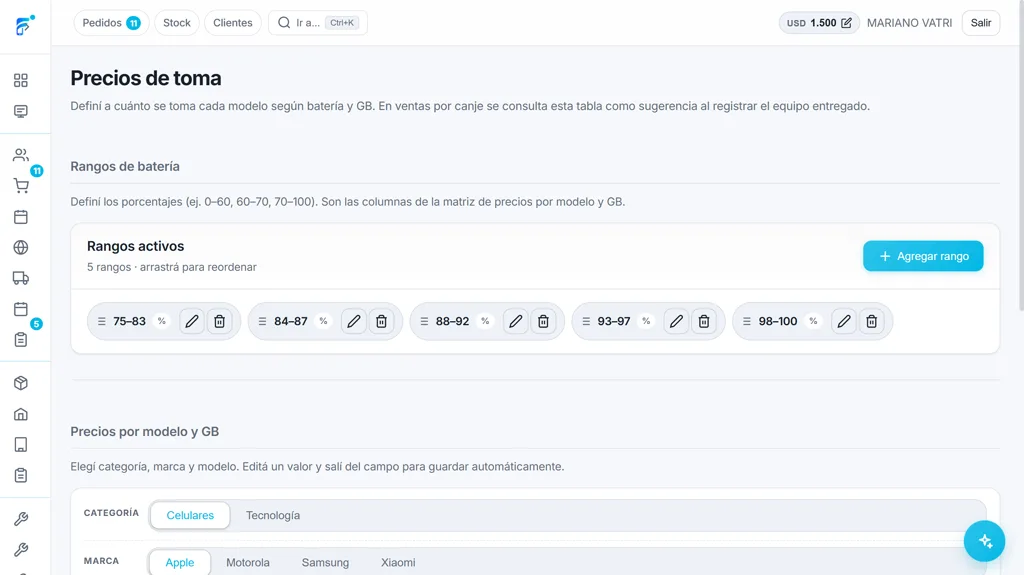 Rangos de batería y precios de toma por modelo en Fonevo