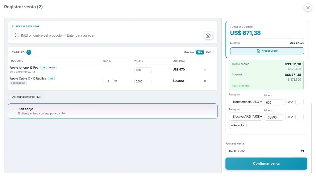 Modal de registrar venta en Fonevo con carrito e IMEI