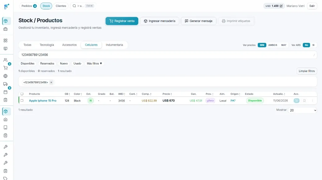Búsqueda por IMEI en el stock de Fonevo con producto disponible